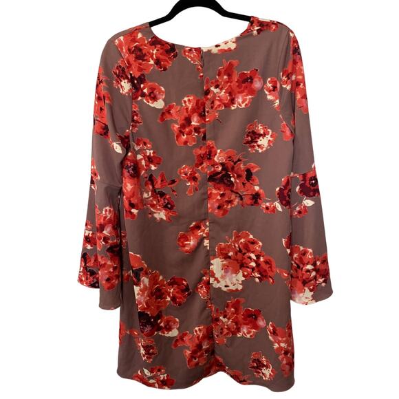 Sugar + Lips Mauve Red Bell Sleeve V-Neck Back Zip Floral Shift Dress Medium NWT - Picture 4 of 7